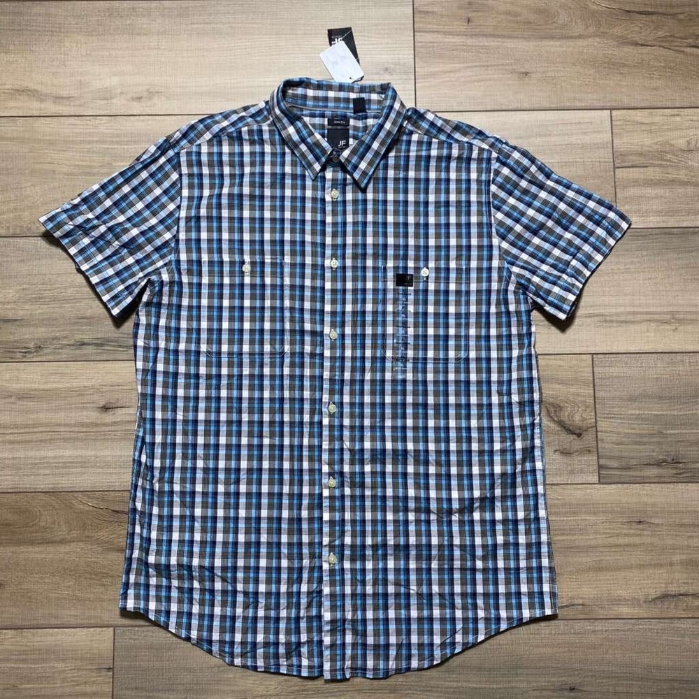 JF J.Ferrar Mens Plaid Short Sleeve Slim Fit Button Up Shirt XL 17-17.5 Green